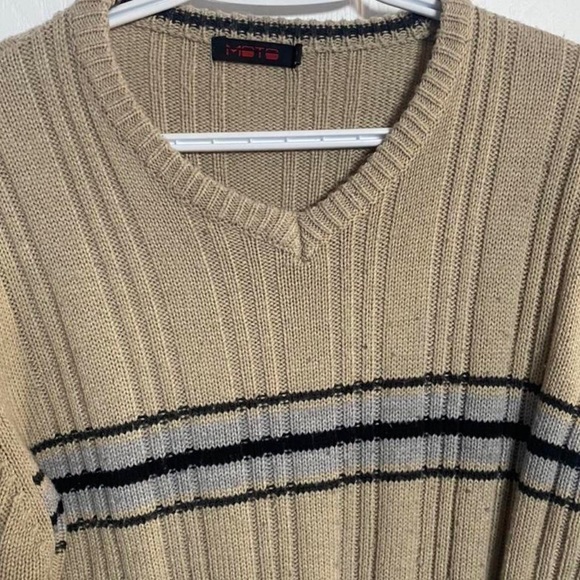 size medium mens grunge grandpa sweater winter pullover vintage cream striped - Picture 3 of 3
